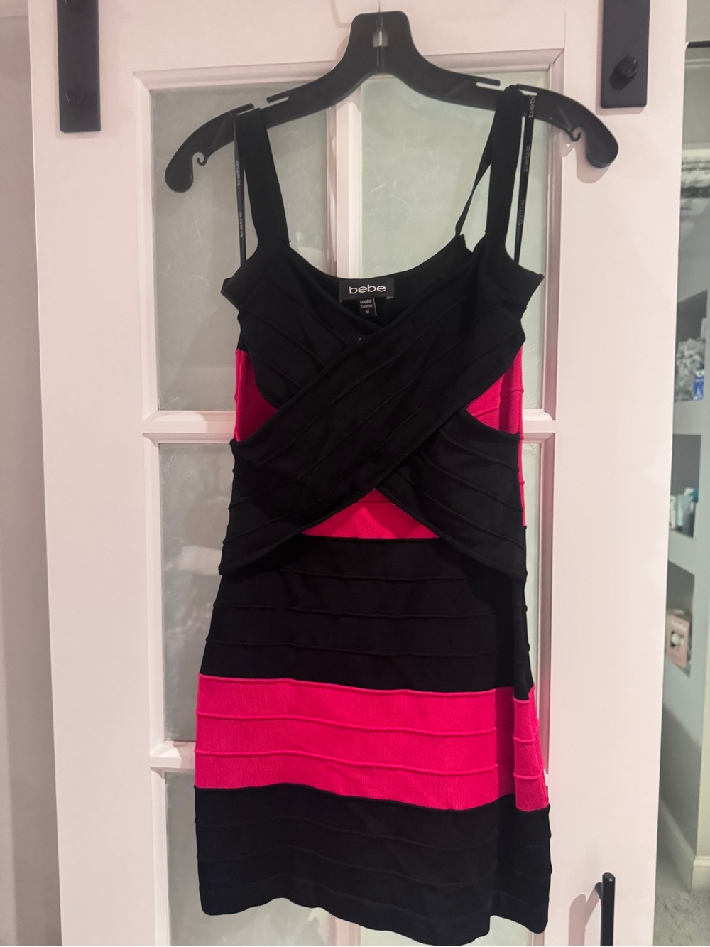 Vintage Y2K Bebe Hot Pink Black Bandage Bodycon Mini Dress